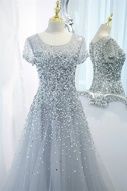 Cap Sleeves Silver Sequins A-line Long Formal Dress