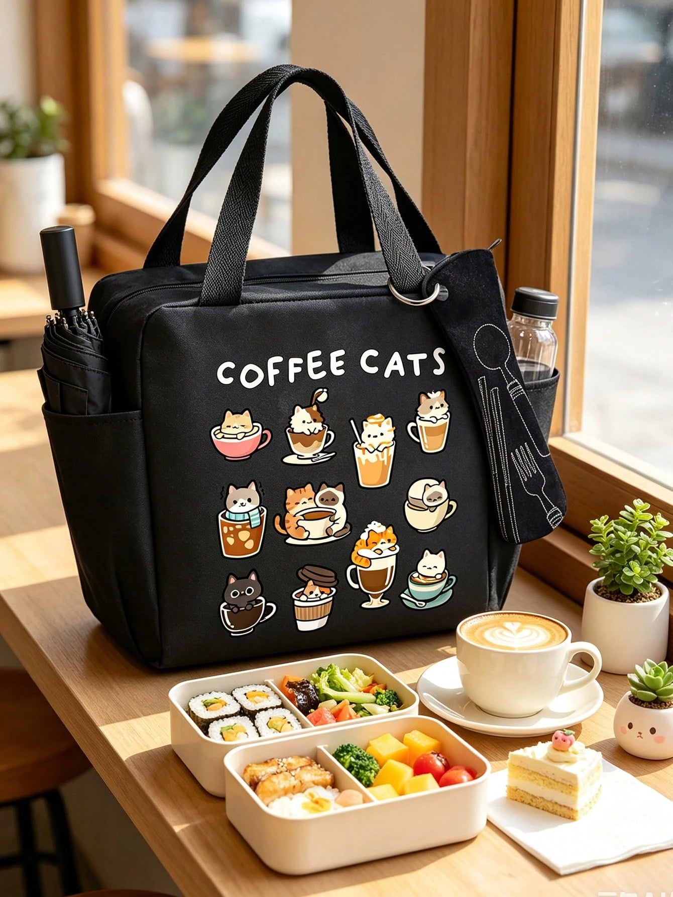Cartoon Animal Print Tote Bag, Multi-Functional Portable Lunch Bag, Coffee Cat Pattern Lunch Box Bag With Black Utensil Storage Bag, Large Capacity Horizontal Student Meal Insulated Cooler Bag, Vertic