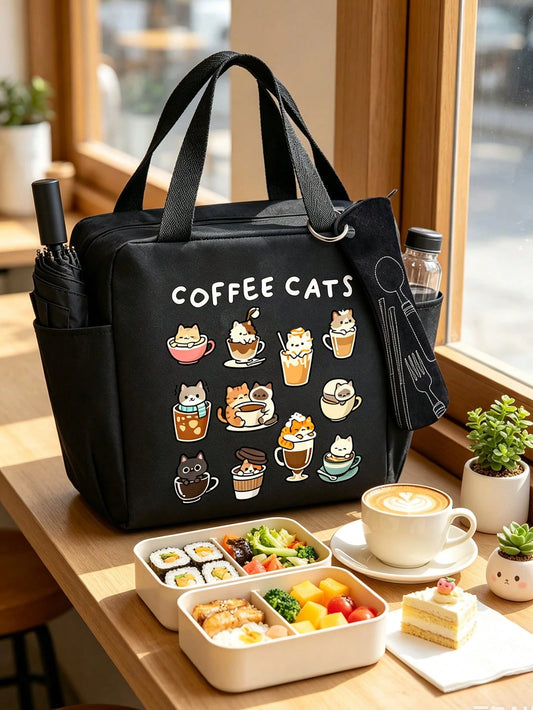 Cartoon Animal Print Tote Bag, Multi-Functional Portable Lunch Bag, Coffee Cat Pattern Lunch Box Bag With Black Utensil Storage Bag, Large Capacity Horizontal Student Meal Insulated Cooler Bag, Vertic