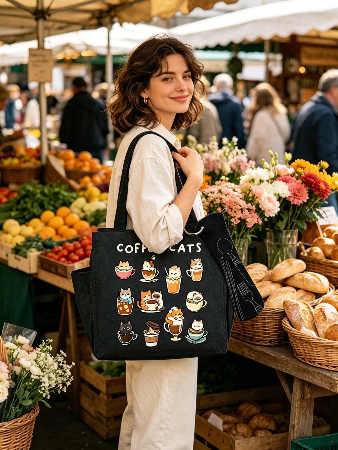 Cartoon Animal Print Tote Bag, Multi-Functional Portable Lunch Bag, Coffee Cat Pattern Lunch Box Bag With Black Utensil Storage Bag, Large Capacity Horizontal Student Meal Insulated Cooler Bag, Vertic