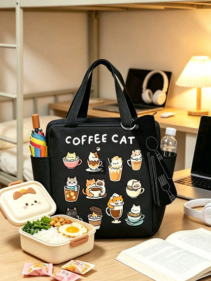 Cartoon Animal Print Tote Bag, Multi-Functional Portable Lunch Bag, Coffee Cat Pattern Lunch Box Bag With Black Utensil Storage Bag, Large Capacity Horizontal Student Meal Insulated Cooler Bag, Vertic