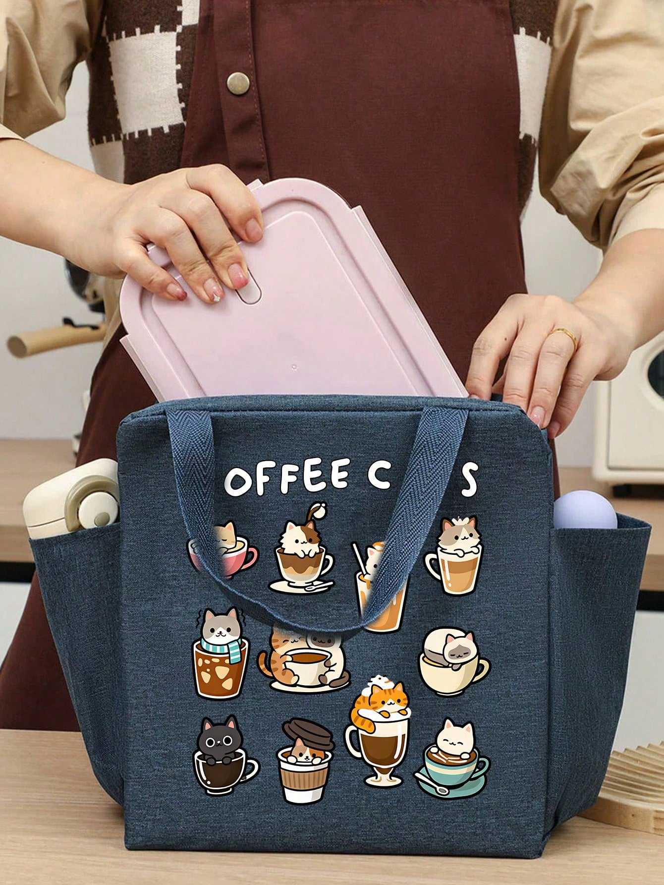 Cartoon Animal Print Tote Bag, Multi-Functional Portable Lunch Bag, Coffee Cat Pattern Lunch Box Bag With Black Utensil Storage Bag, Large Capacity Horizontal Student Meal Insulated Cooler Bag, Vertic