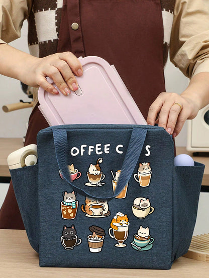 Cartoon Animal Print Tote Bag, Multi-Functional Portable Lunch Bag, Coffee Cat Pattern Lunch Box Bag With Black Utensil Storage Bag, Large Capacity Horizontal Student Meal Insulated Cooler Bag, Vertic