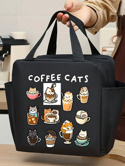 Cartoon Animal Print Tote Bag, Multi-Functional Portable Lunch Bag, Coffee Cat Pattern Lunch Box Bag With Black Utensil Storage Bag, Large Capacity Horizontal Student Meal Insulated Cooler Bag, Vertic