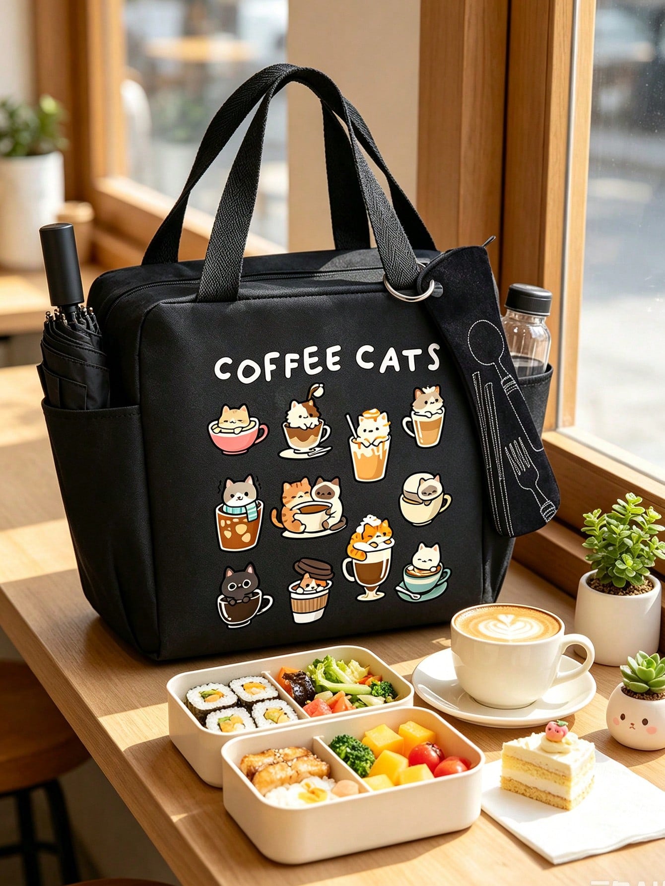 Cartoon Animal Print Tote Bag, Multi-Functional Portable Lunch Bag, Coffee Cat Pattern Lunch Box Bag With Black Utensil Storage Bag, Large Capacity Horizontal Student Meal Insulated Cooler Bag, Vertic