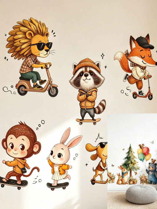 Cartoon Animal Wall Decor Stickers For Kids Room, Lion & Monkey Cartoon Background Wall Decals, Removable