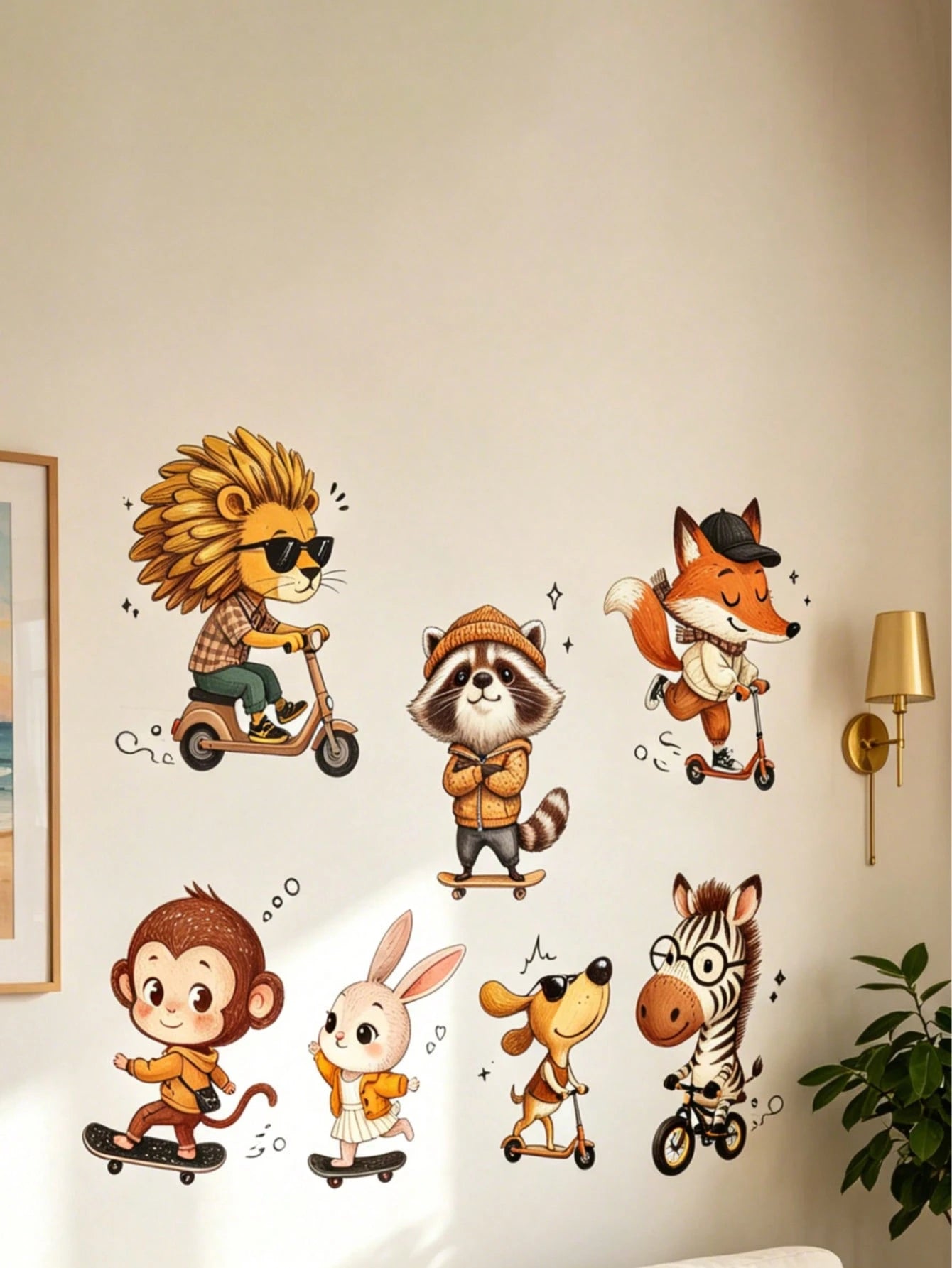 Cartoon Animal Wall Decor Stickers For Kids Room, Lion & Monkey Cartoon Background Wall Decals, Removable