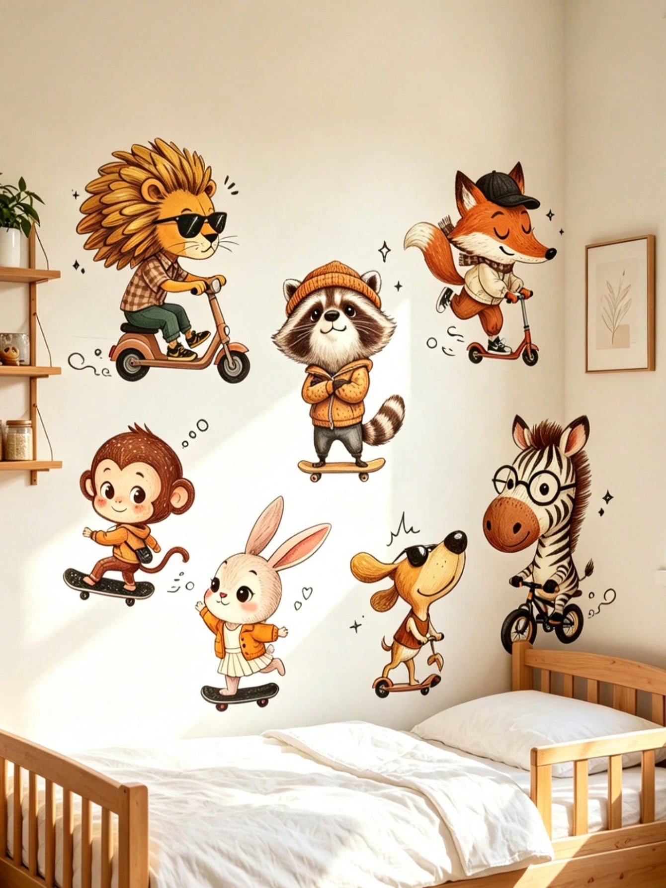 Cartoon Animal Wall Decor Stickers For Kids Room, Lion & Monkey Cartoon Background Wall Decals, Removable