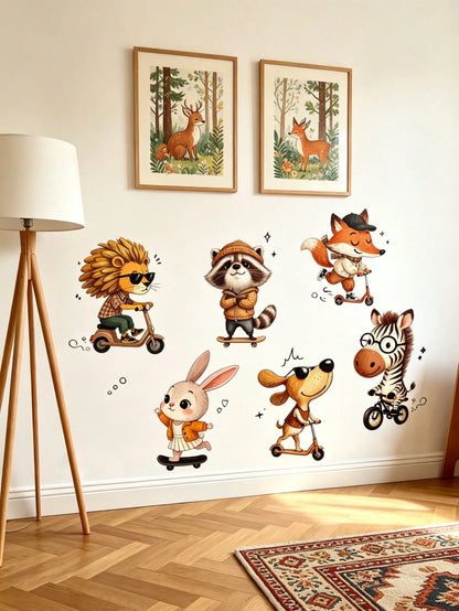 Cartoon Animal Wall Decor Stickers For Kids Room, Lion & Monkey Cartoon Background Wall Decals, Removable