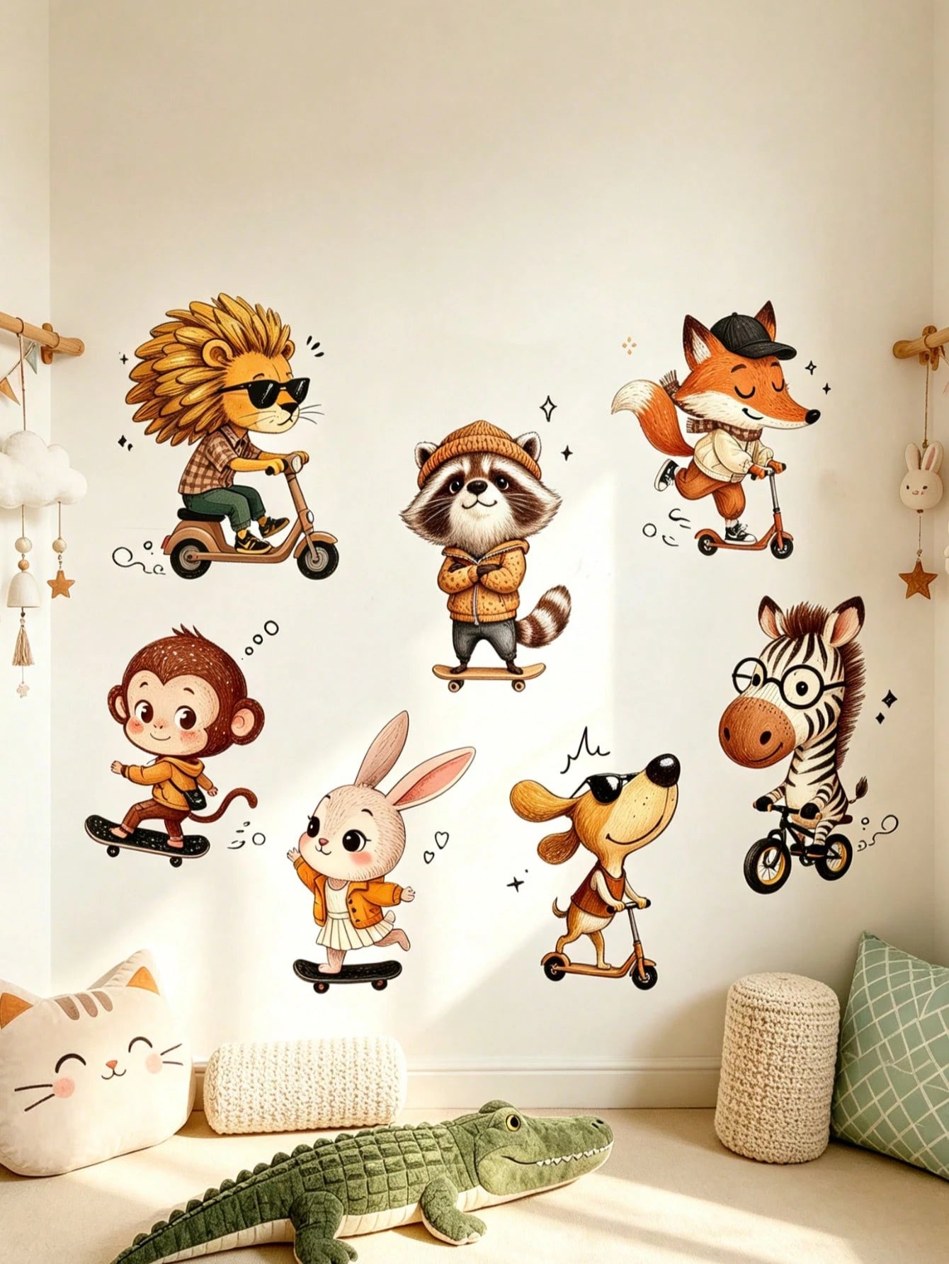 Cartoon Animal Wall Decor Stickers For Kids Room, Lion & Monkey Cartoon Background Wall Decals, Removable