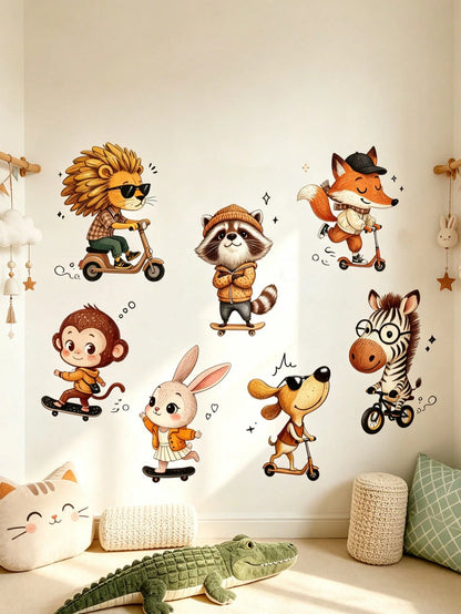 Cartoon Animal Wall Decor Stickers For Kids Room, Lion & Monkey Cartoon Background Wall Decals, Removable