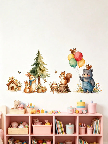 Cartoon Animal Wall Decor Stickers For Kids Room, Lion & Monkey Cartoon Background Wall Decals, Removable