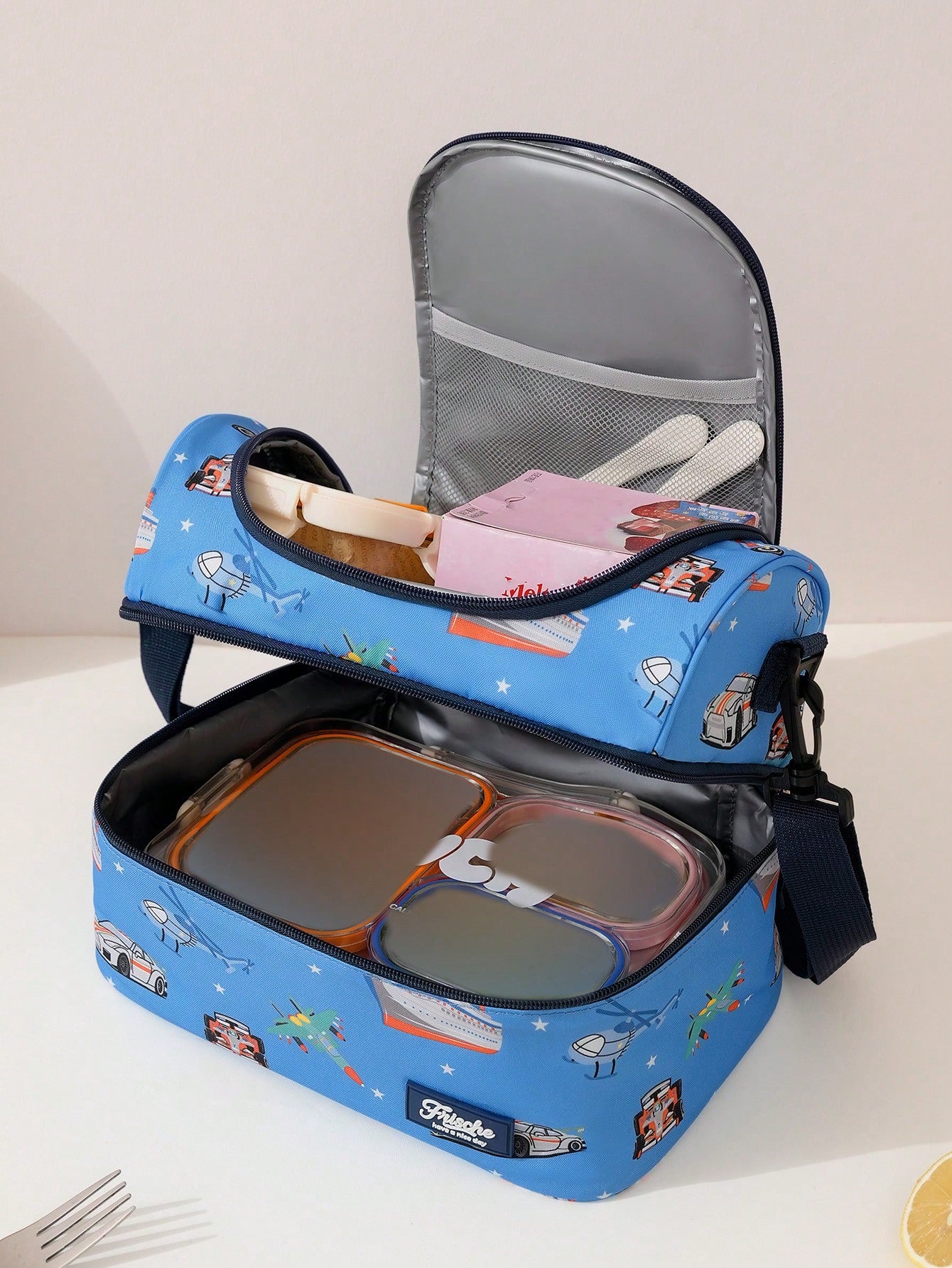 Cartoon Double-Layer Insulated Lunch Bag, Large Capacity Lunch Tote Bag Suitable For Men And Women Students, Leak-Proof Water-Resistant Lunch Bag With Adjustable Shoulder Strap, Reusable Cooler Bag, S