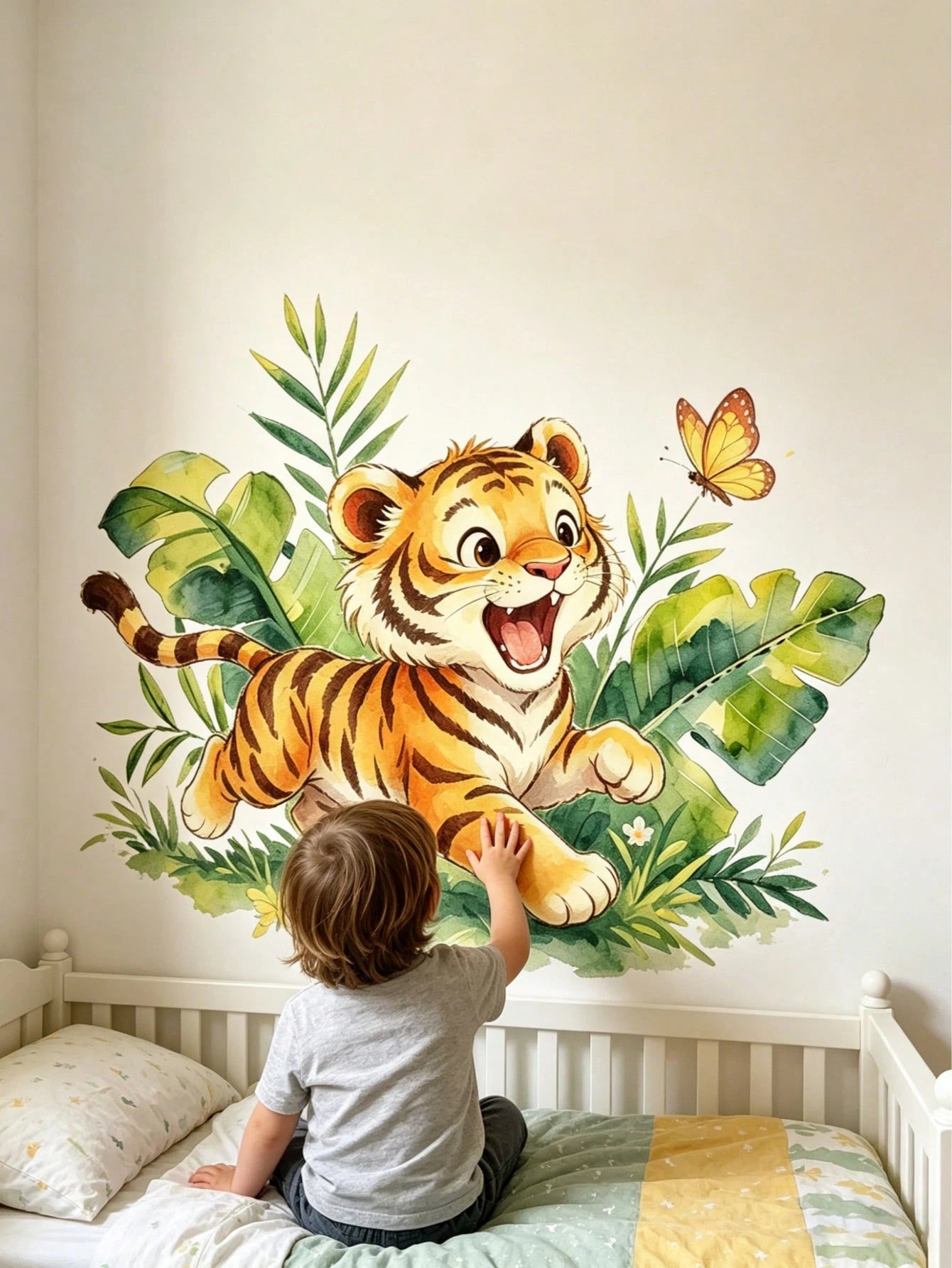 Cartoon Playing Tiger Wall Sticker, Cute Soft Tiger Green Plant Wall Decal, Waterproof Removable Cartoon Wall Sticker For Baby Nursery, Playroom, Kindergarten, Classroom, Children's Day