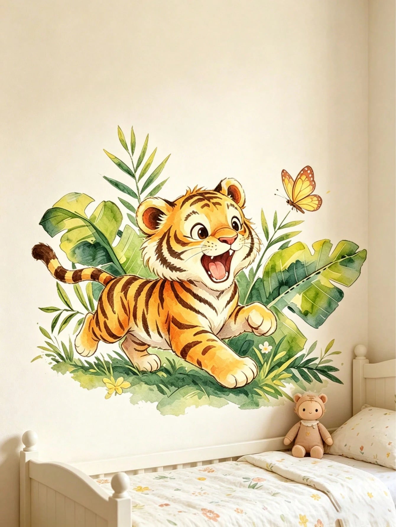 Cartoon Playing Tiger Wall Sticker, Cute Soft Tiger Green Plant Wall Decal, Waterproof Removable Cartoon Wall Sticker For Baby Nursery, Playroom, Kindergarten, Classroom, Children's Day