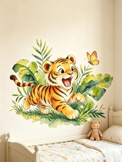 Cartoon Playing Tiger Wall Sticker, Cute Soft Tiger Green Plant Wall Decal, Waterproof Removable Cartoon Wall Sticker For Baby Nursery, Playroom, Kindergarten, Classroom, Children's Day