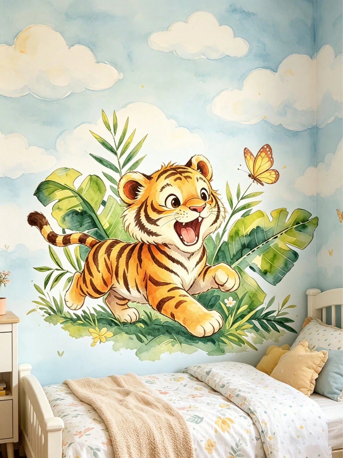 Cartoon Playing Tiger Wall Sticker, Cute Soft Tiger Green Plant Wall Decal, Waterproof Removable Cartoon Wall Sticker For Baby Nursery, Playroom, Kindergarten, Classroom, Children's Day