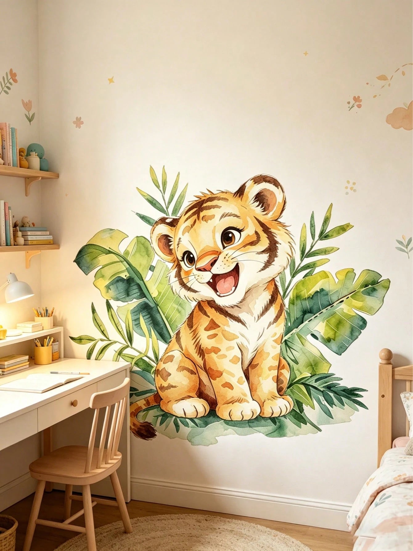 Cartoon Playing Tiger Wall Sticker, Cute Soft Tiger Green Plant Wall Decal, Waterproof Removable Cartoon Wall Sticker For Baby Nursery, Playroom, Kindergarten, Classroom, Children's Day