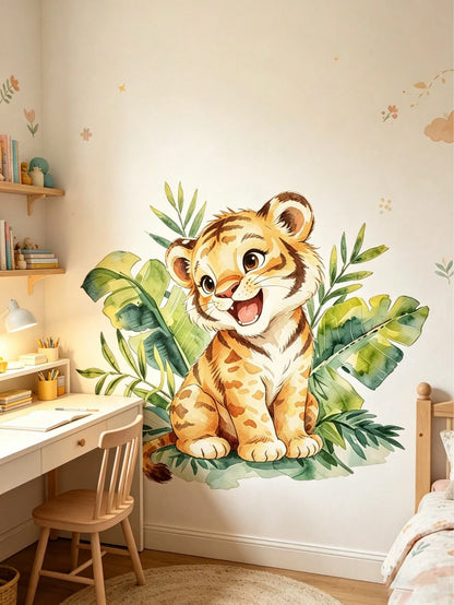 Cartoon Playing Tiger Wall Sticker, Cute Soft Tiger Green Plant Wall Decal, Waterproof Removable Cartoon Wall Sticker For Baby Nursery, Playroom, Kindergarten, Classroom, Children's Day