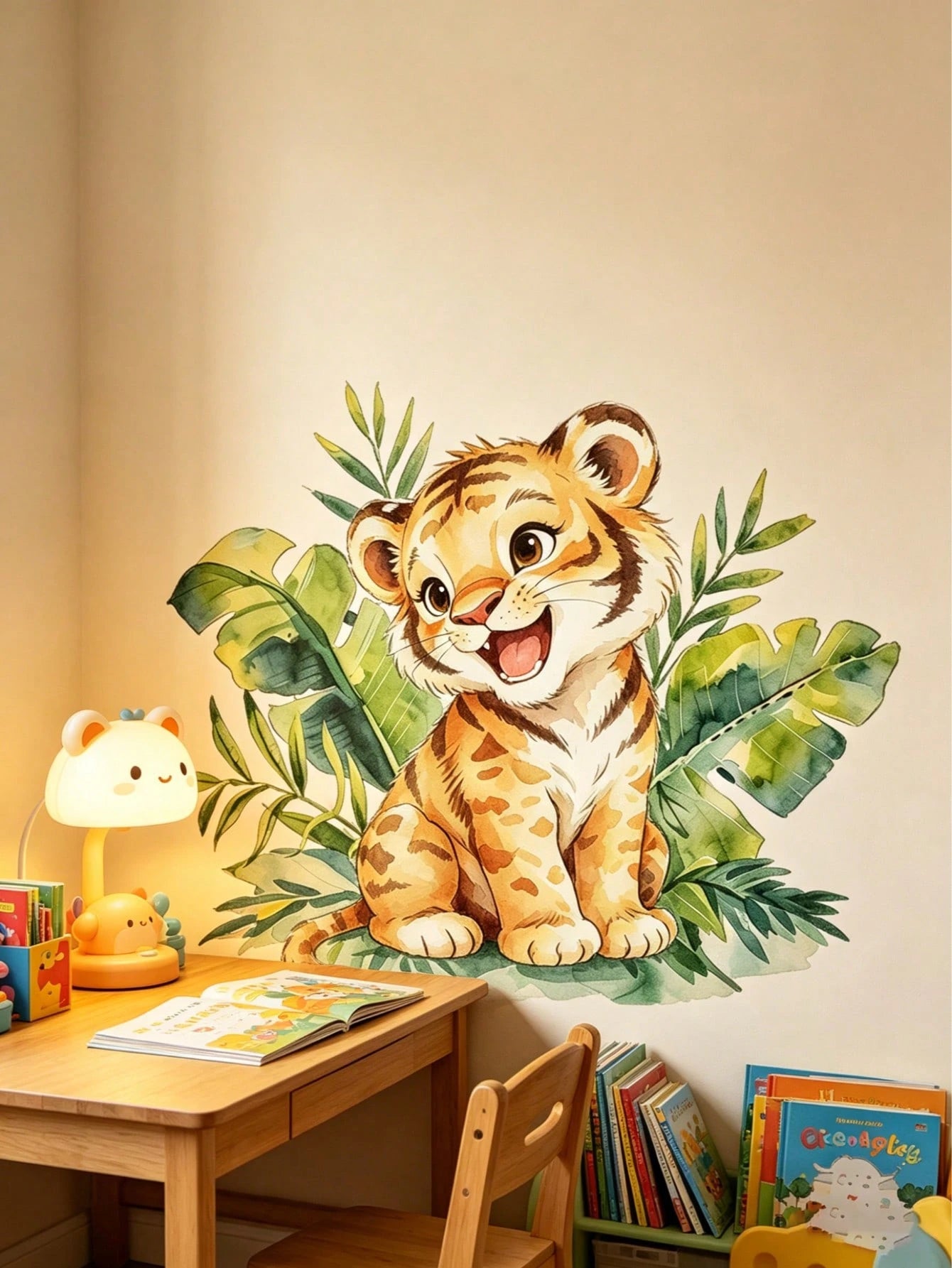 Cartoon Playing Tiger Wall Sticker, Cute Soft Tiger Green Plant Wall Decal, Waterproof Removable Cartoon Wall Sticker For Baby Nursery, Playroom, Kindergarten, Classroom, Children's Day