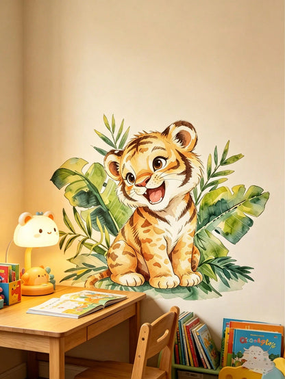 Cartoon Playing Tiger Wall Sticker, Cute Soft Tiger Green Plant Wall Decal, Waterproof Removable Cartoon Wall Sticker For Baby Nursery, Playroom, Kindergarten, Classroom, Children's Day