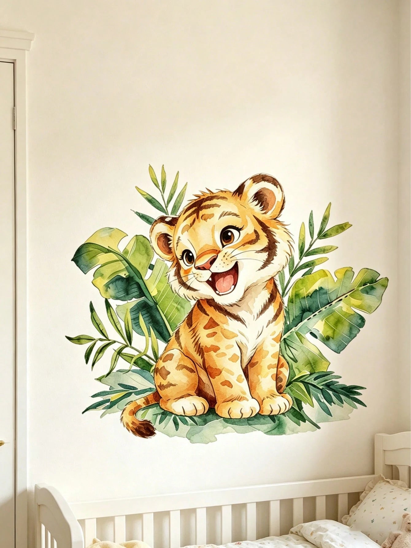 Cartoon Playing Tiger Wall Sticker, Cute Soft Tiger Green Plant Wall Decal, Waterproof Removable Cartoon Wall Sticker For Baby Nursery, Playroom, Kindergarten, Classroom, Children's Day