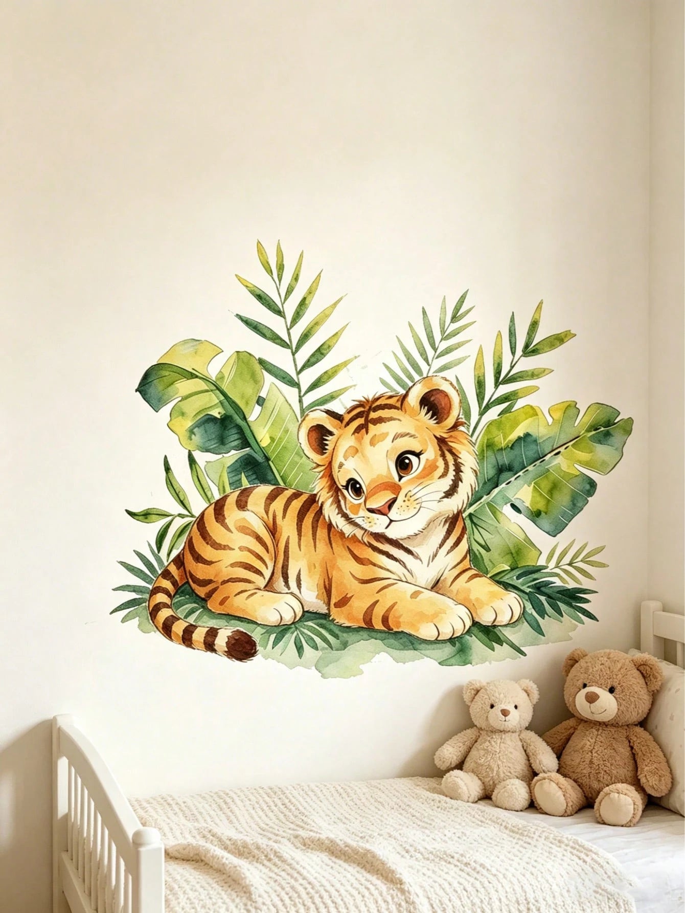 Cartoon Playing Tiger Wall Sticker, Cute Soft Tiger Green Plant Wall Decal, Waterproof Removable Cartoon Wall Sticker For Baby Nursery, Playroom, Kindergarten, Classroom, Children's Day