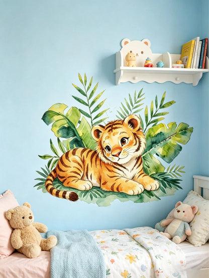 Cartoon Playing Tiger Wall Sticker, Cute Soft Tiger Green Plant Wall Decal, Waterproof Removable Cartoon Wall Sticker For Baby Nursery, Playroom, Kindergarten, Classroom, Children's Day