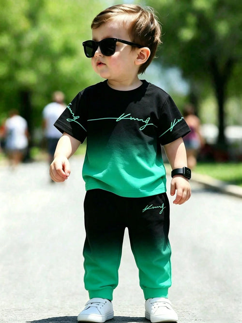 Casual Colorful Striped Contrast Cute Animal Number Letter Print Short Sleeve Crew Neck T-Shirt And Matching Print Cuffed Khaki Long