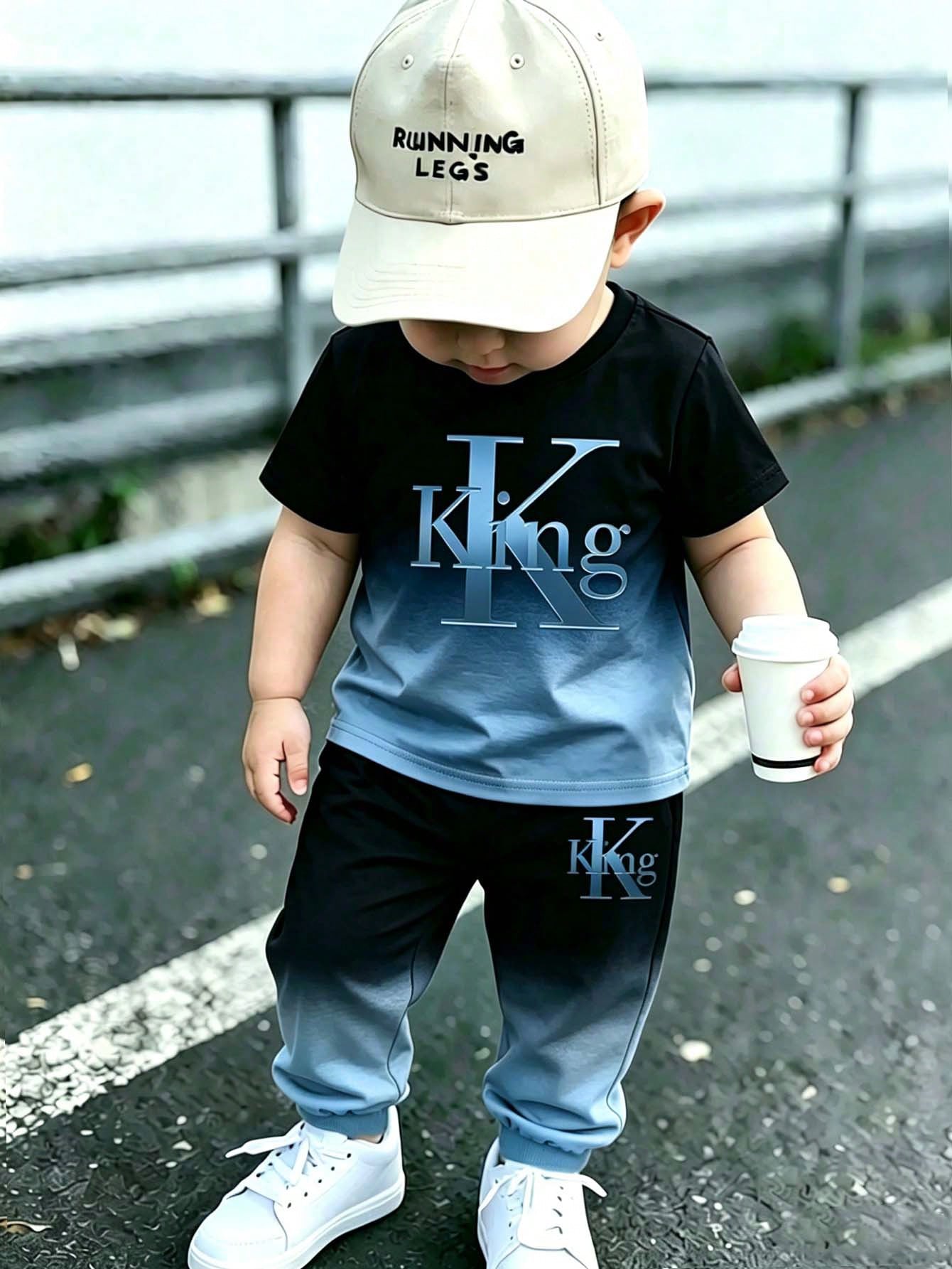Casual Colorful Striped Contrast Cute Animal Number Letter Print Short Sleeve Crew Neck T-Shirt And Matching Print Cuffed Khaki Long