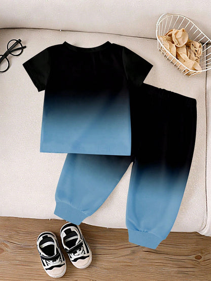 Casual Colorful Striped Contrast Cute Animal Number Letter Print Short Sleeve Crew Neck T-Shirt And Matching Print Cuffed Khaki Long