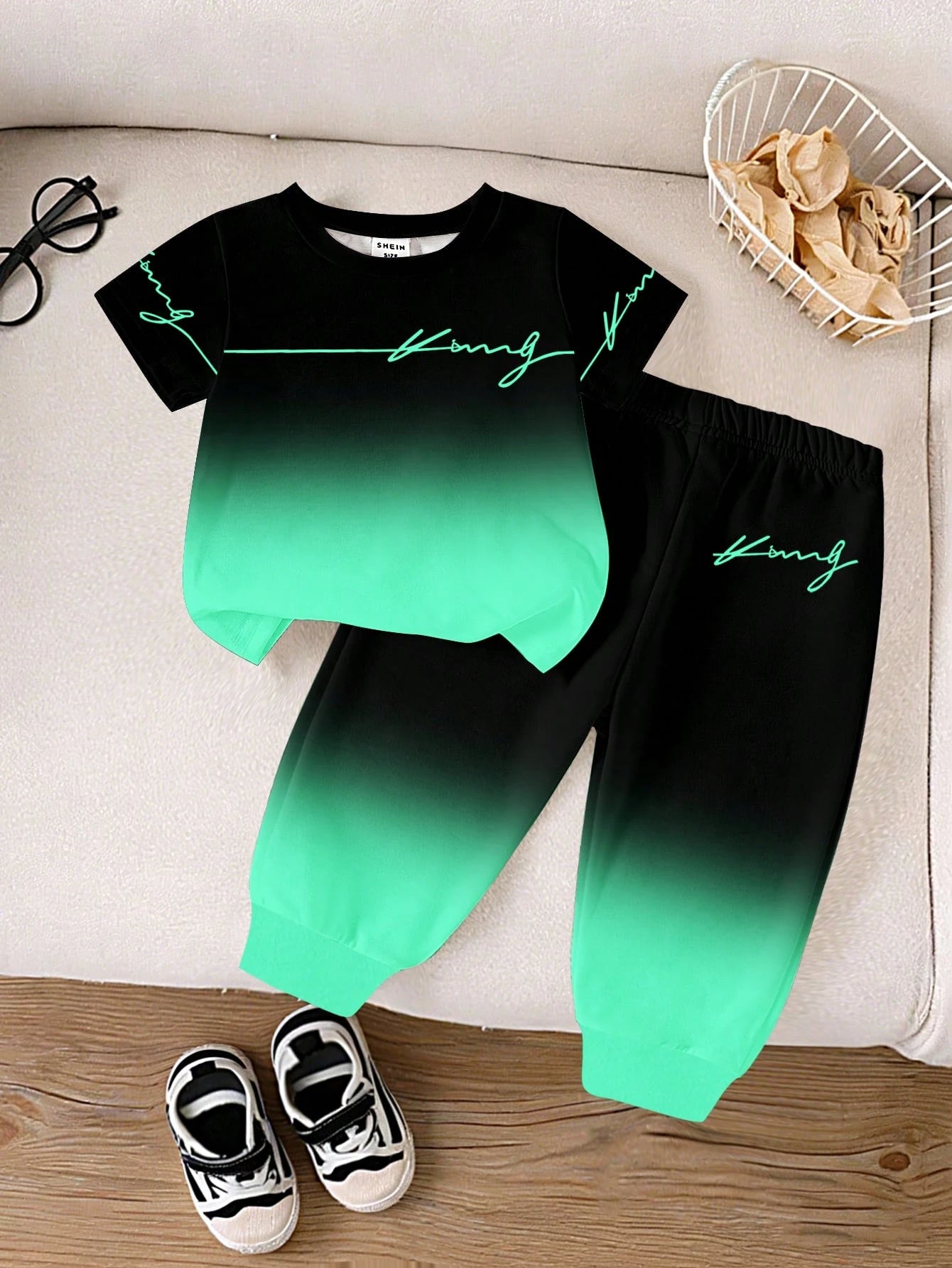 Casual Colorful Striped Contrast Cute Animal Number Letter Print Short Sleeve Crew Neck T-Shirt And Matching Print Cuffed Khaki Long
