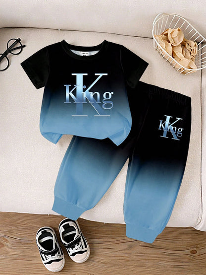 Casual Colorful Striped Contrast Cute Animal Number Letter Print Short Sleeve Crew Neck T-Shirt And Matching Print Cuffed Khaki Long