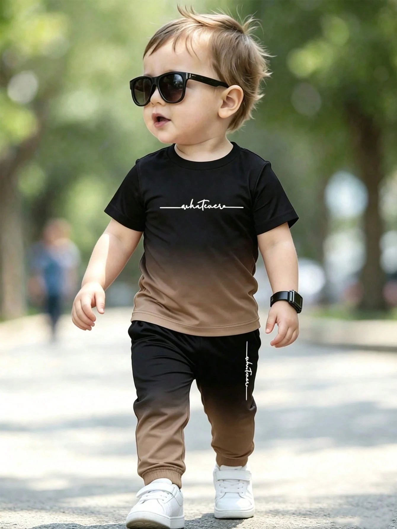 Casual Colorful Striped Contrast Cute Animal Number Letter Print Short Sleeve Crew Neck T-Shirt And Matching Print Cuffed Khaki Long