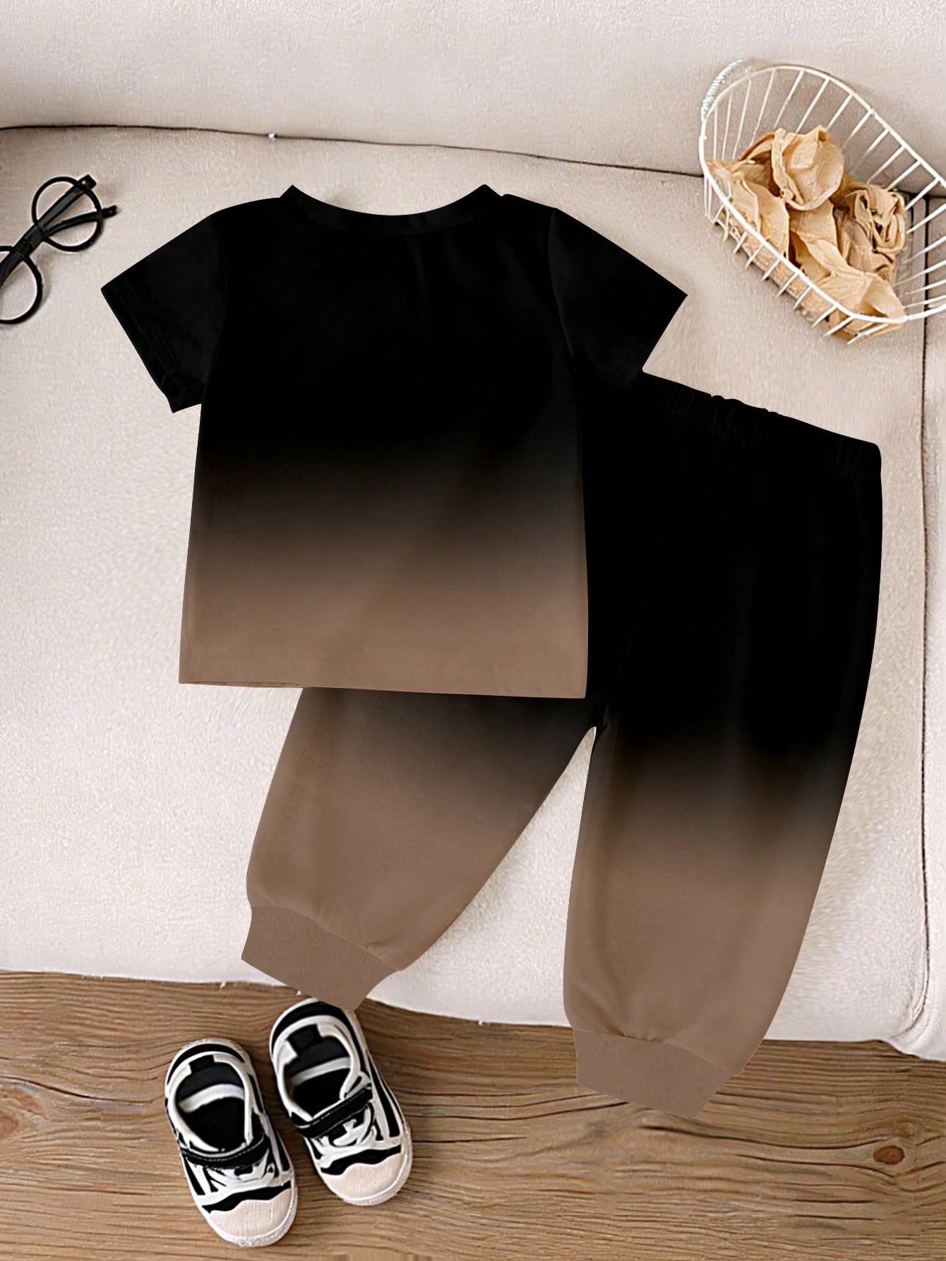 Casual Colorful Striped Contrast Cute Animal Number Letter Print Short Sleeve Crew Neck T-Shirt And Matching Print Cuffed Khaki Long