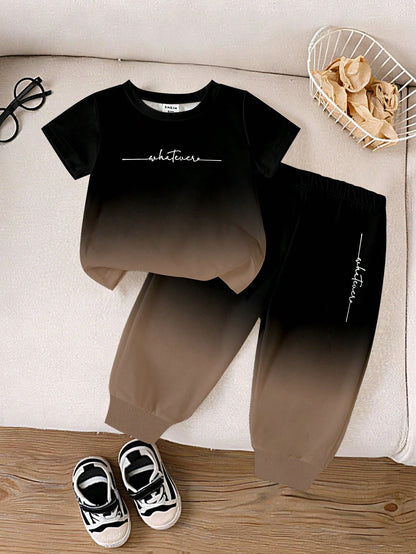 Casual Colorful Striped Contrast Cute Animal Number Letter Print Short Sleeve Crew Neck T-Shirt And Matching Print Cuffed Khaki Long