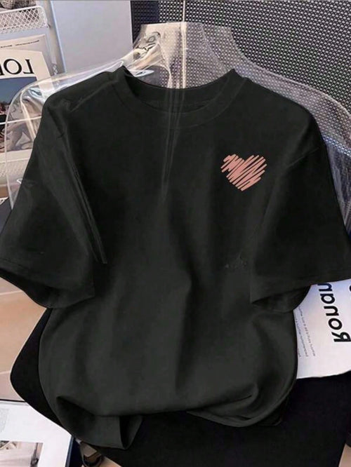 Casual Fashion Fitted Knit Pullover Sweater, Small Heart Print Short Sleeve T-Shirt For Women