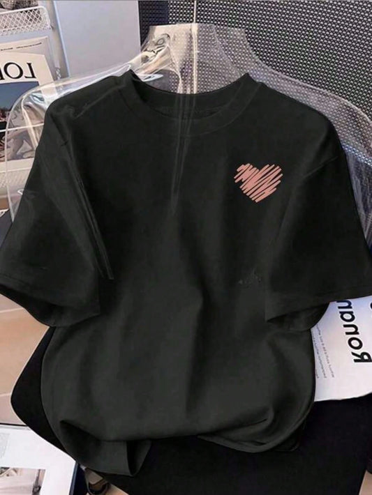 Casual Fashion Fitted Knit Pullover Sweater, Small Heart Print Short Sleeve T-Shirt For Women