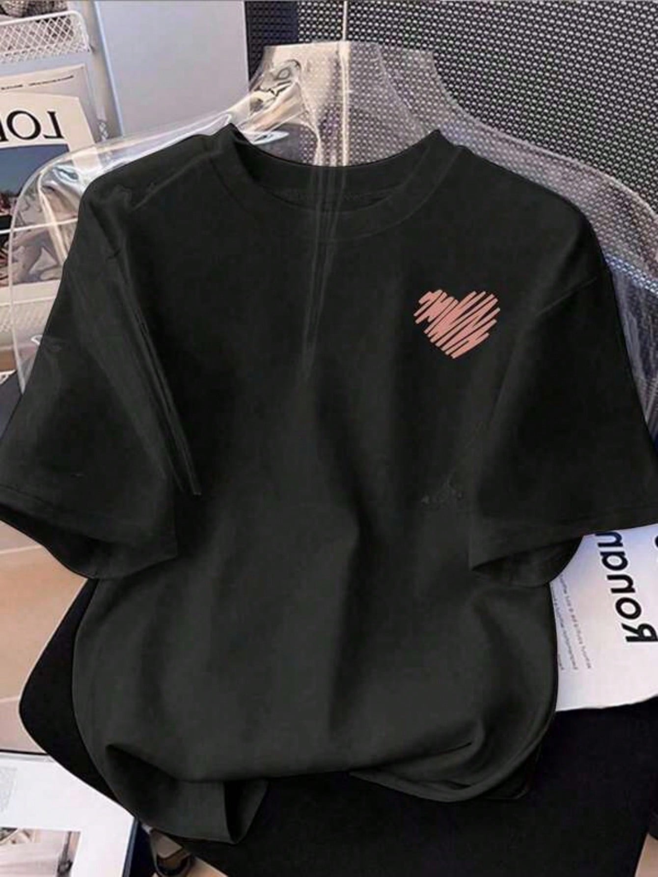 Casual Fashion Fitted Knit Pullover Sweater, Small Heart Print Short Sleeve T-Shirt For Women
