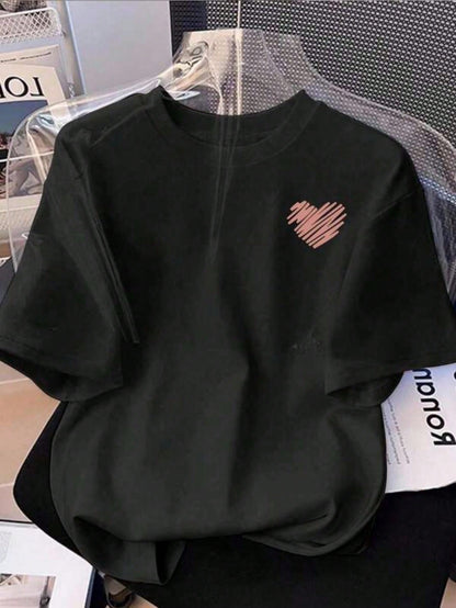 Casual Fashion Fitted Knit Pullover Sweater, Small Heart Print Short Sleeve T-Shirt For Women