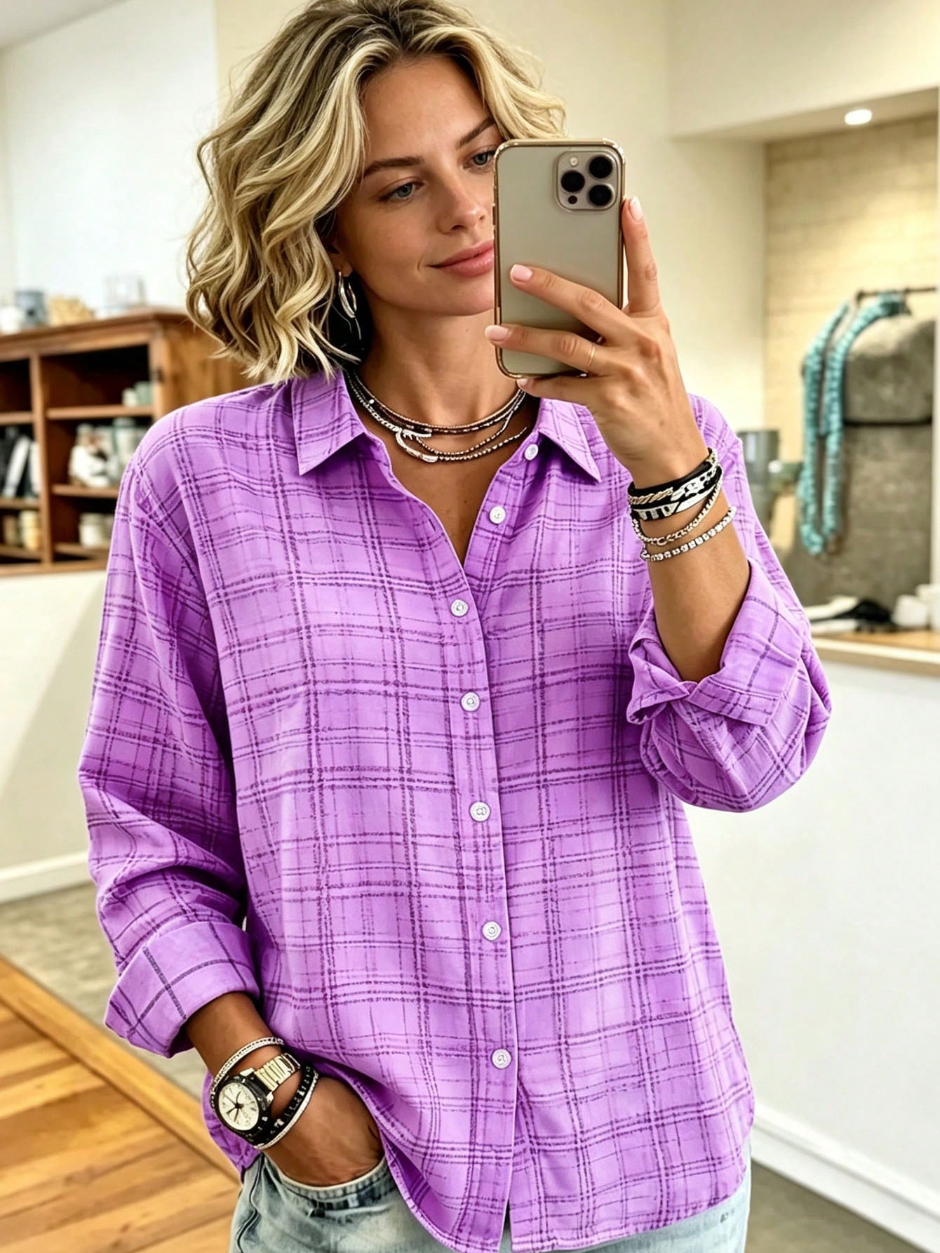 Casual Fashion Plaid Print Women's Plus Size Lightweight Long Sleeve Button-Up Shirt