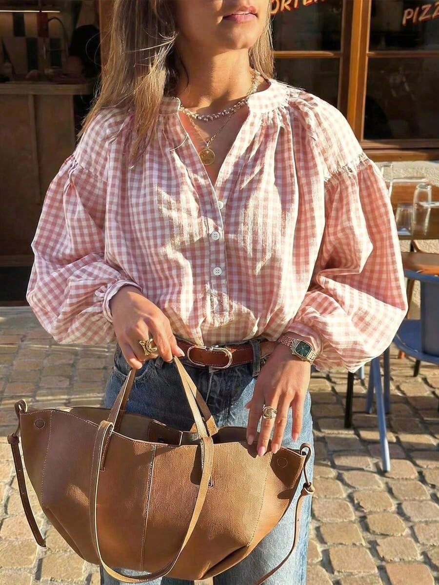 Casual Women's Red Gingham Check Blouse With Notched Neck And Voluminous Bishop Sleeves Spring