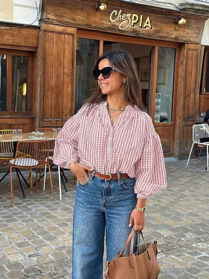 Casual Women's Red Gingham Check Blouse With Notched Neck And Voluminous Bishop Sleeves Spring
