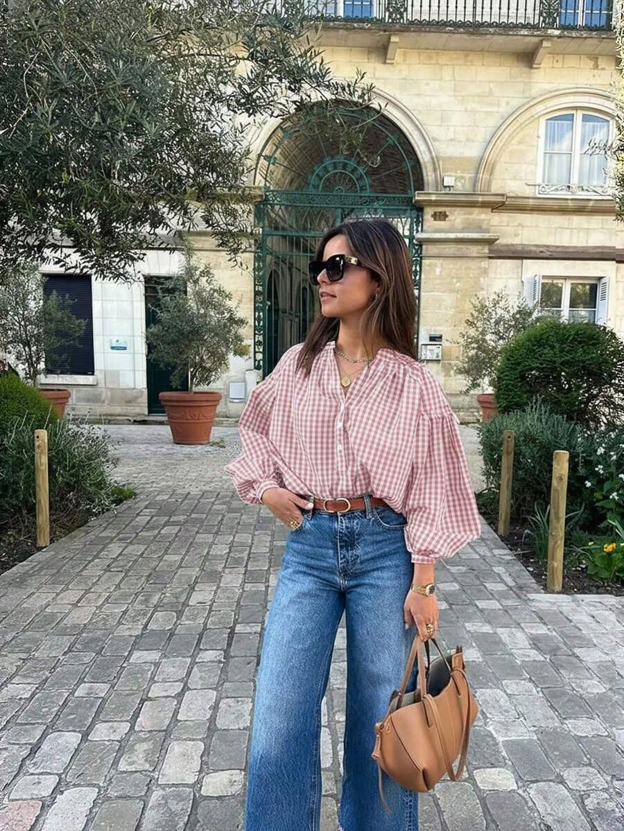 Casual Women's Red Gingham Check Blouse With Notched Neck And Voluminous Bishop Sleeves Spring