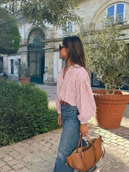 Casual Women's Red Gingham Check Blouse With Notched Neck And Voluminous Bishop Sleeves Spring