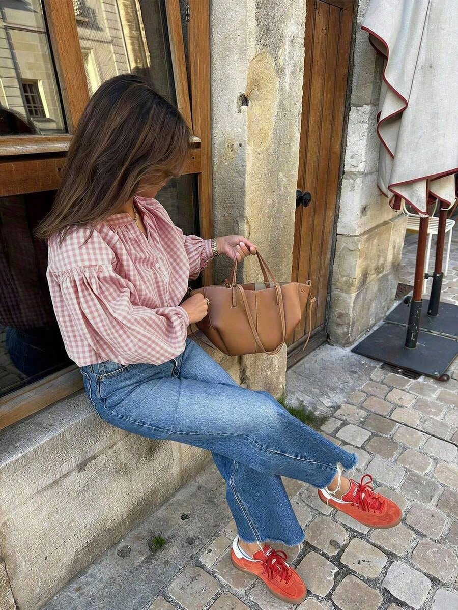 Casual Women's Red Gingham Check Blouse With Notched Neck And Voluminous Bishop Sleeves Spring