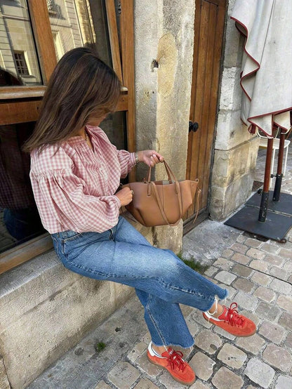 Casual Women's Red Gingham Check Blouse With Notched Neck And Voluminous Bishop Sleeves Spring