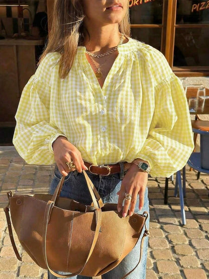 Casual Women's Red Gingham Check Blouse With Notched Neck And Voluminous Bishop Sleeves Spring