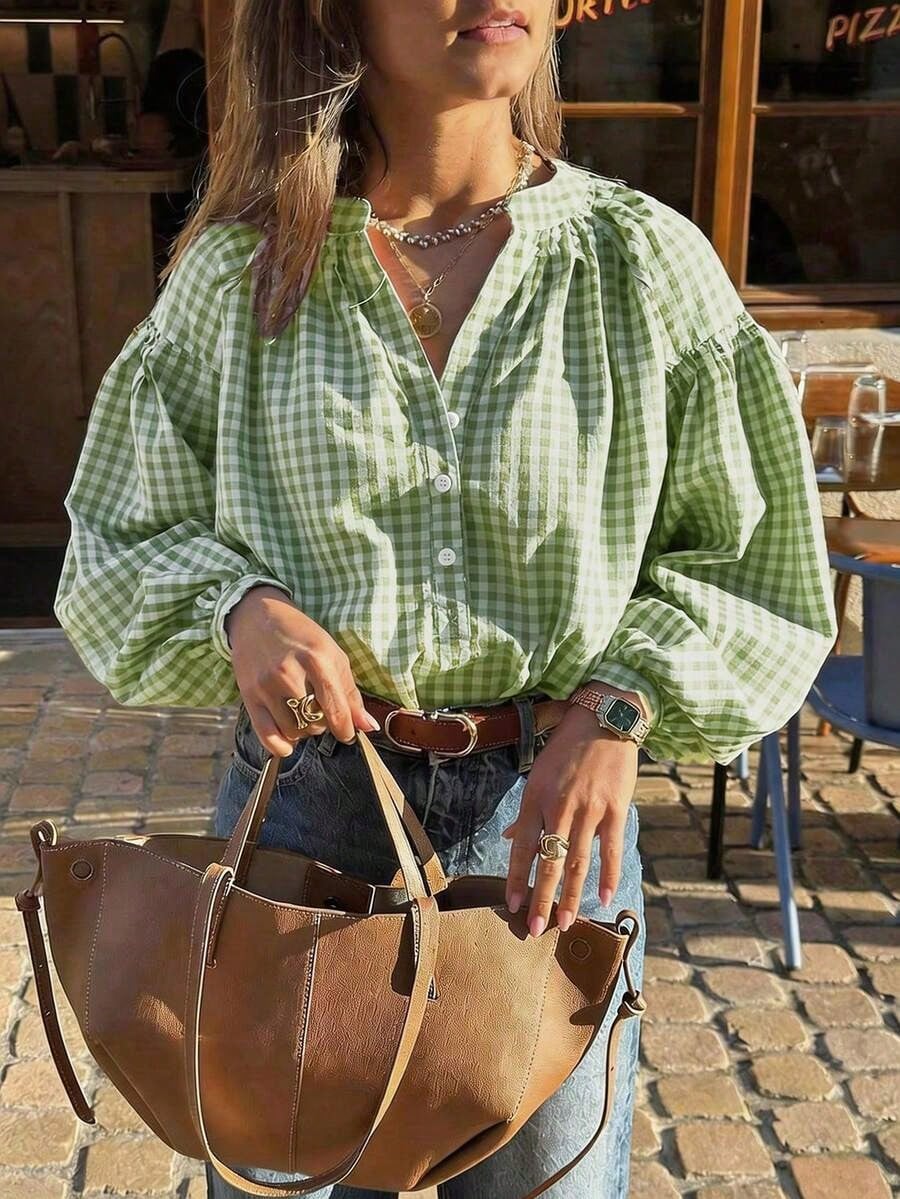 Casual Women's Red Gingham Check Blouse With Notched Neck And Voluminous Bishop Sleeves Spring
