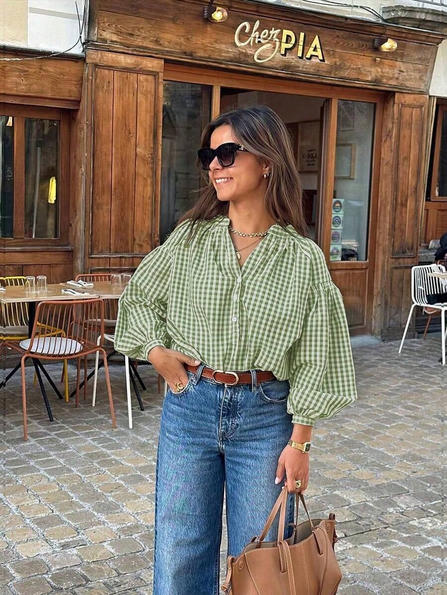 Casual Women's Red Gingham Check Blouse With Notched Neck And Voluminous Bishop Sleeves Spring